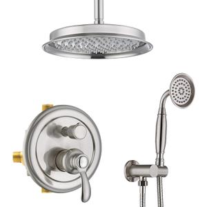 Antique Shower Faucet-Sets Complete: Ceiling Mount Rain Shower System, 9 inch Rainfall Head and Handheld Spray, 2 Way Diverter Brass Rough in Valve with Trim Kit, Brushed Nickel