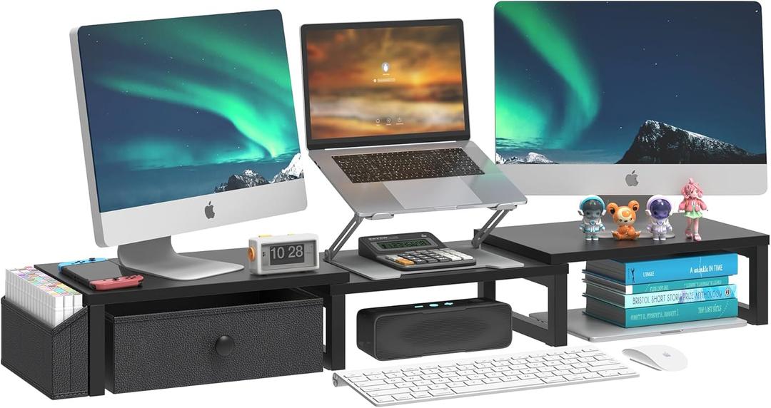 LANDVOI Dual Monitor Stand with Drawer and Side Pockets, Monitor Riser for Desk, Home Office Desk Storage, Multi-Scenario Adaptation for Work and Entertainment, Black, HMS02BK