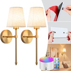 Battery Operated Wall Sconce Set Of Two with Remote Control, Indoor Not Hardwired Dimmable Battery Operated Wall Sconce Light Fixture with Fabric Linen Shade For Bedroom Living Room, Bulb Included C (Bronze)