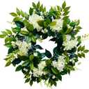 Svndlyn 22 Inch Lighted Hydrangea Wreath with Timer for All Season 20 Lights Steady & Flashing Modes Artificial Hydrangea Flower Blueberry and Eucalyptus Leaves for Outdoor Front Door Wall Window