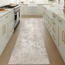 2x14 Washable Runner Rug Beige Grey Abstract Non Slip Soft Low Pile Hallway Kitchen Rug Neutral Modern Carpet for Laundry Bathroom Bedroom Living Room Home Decor