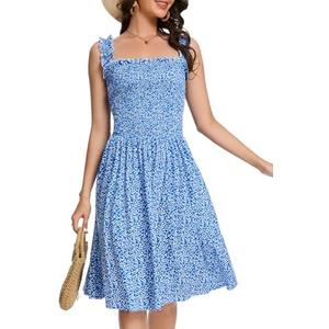 CVCPP Floral Print Sundress for Women Square Neck Sleeveless Smocked Flowy Mini Short Boho Summer Dresses.L