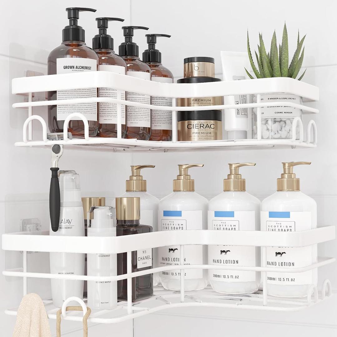 Sakugi Corner Shower Caddy - 2 Pack, Adhesive Shower Organizers, Rustproof Stainless Steel Shower Shelves with 8 Hooks, No Drilling Bathroom Organizers and Storage Racks, Space-Saving, White, X-Large