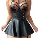 Foxiny Plus Size Curvy Sexy Strappy Leather Underwire Choker Garter Belt Mini Lingerie Set Dress with Thong 3 Piece Women Pu Latex Push Up Night Wear Outfits Rivet Black 2X-Large