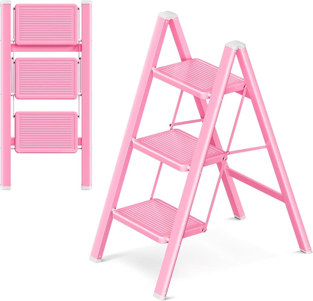 3 Step Ladder, Foldable Step Stool with Widened Pedal, Pink