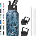 BJPKPK Insulated Water Bottles with Straw Lid, 27oz Stainless Steel Water Bottle with 3 Lids, Leak Proof BPA Free Metal Thermos, Mugs, Tumblers, Keep Cold Hot -Ocean