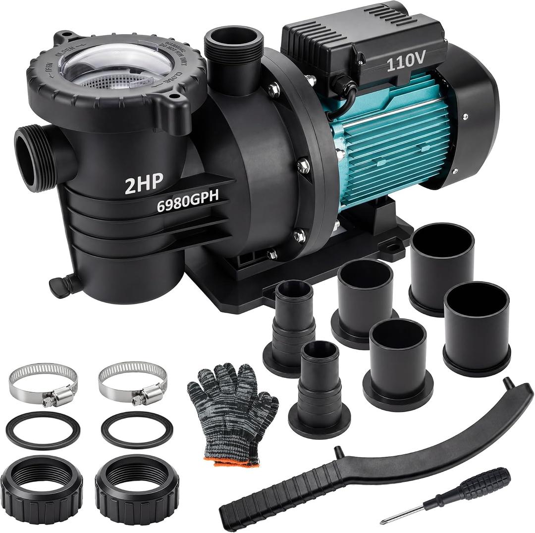 2HP Above Ground Pool Pump Inground, 6980GPH High Flow Powerful Self Priming Water Pool Pump, Heavy Duty Motor with 1.25-1.5'', 1.5'', 2.0'' Unions and Filter Basket