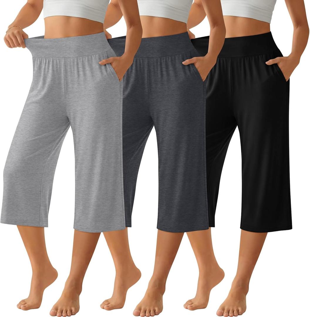 Neer 3 Pack Women Capri Pants Wide Leg High Waist Crop Lounge Sweatpants Loose Summer Casual Workout Pants with Pocket (S)