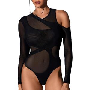 MakeMeChic Women's Y2K Cut Out Mesh Sheer Bodysuits Long Sleeve Round Neck Tee Shirt Asymmetrical Top (Large, Black)