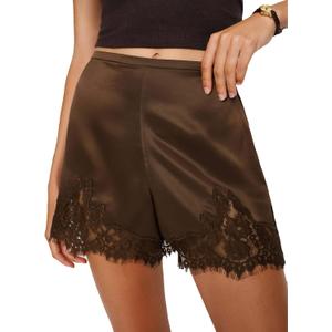 Women's Y2k Satin Lace Shorts Coquette Silky Elastic Waisted Flowy Mini Shorts Cute Going Out Slip Bottoms (Dark Brown Lace, L)