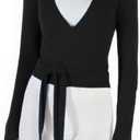 Women Crop Wrap Top Thumb Hole Long Sleeve Active Self Tie Workout Shirt Ballet Pilates Yoga Wrap Tops (Black, Small)