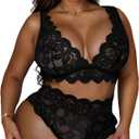 JuicyRose Women Plus Size 2 Piece Lingerie Sexy Floral Lace Scallop Trim Bralette and High Waist Panty Set (3X-Large, Black)