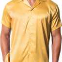 Mens Satin Shiny Cuban Shirts Luxury Short Sleeve Dress Button Down Stylish Solid Party Summer Business Shirt M