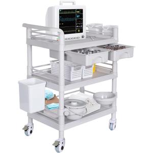 Mobile Medical Carts 3 Tier Professional Utility Cart 330 LBS Max Load Rolling Crash Cart Ultrasound Trolley with Wheels Drawers Dirt Bucket Sharps Box Storage Basket for Hospital Dental Clinic Home