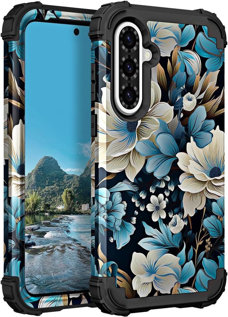 PIXIU Unique Flower Pattern Compatible with Samsung Galaxy A36/A56 case, Heavy Duty Dual Layer Shockproof Full-Body Protective Sturdy Hybrid Cute Rugged Case for Women,Girls,Kids-Blue Floral (A06)