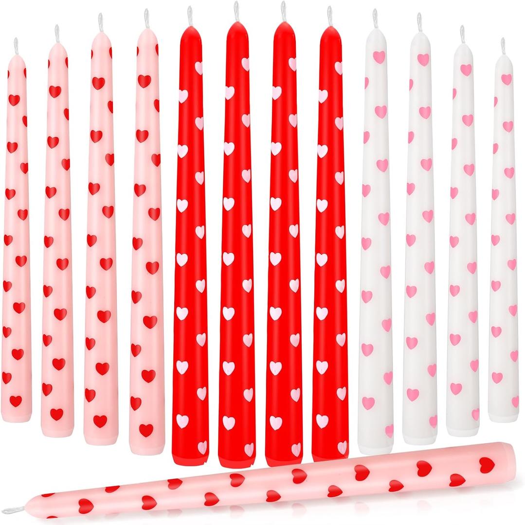 12 Pcs Valentine Taper Candles 10 Inch Tall Unscented Heart Candles Stick Valentine Gifts Holiday Decor for Dinner, Party, Wedding, Anniversary(Red,Pink,White,Heart)