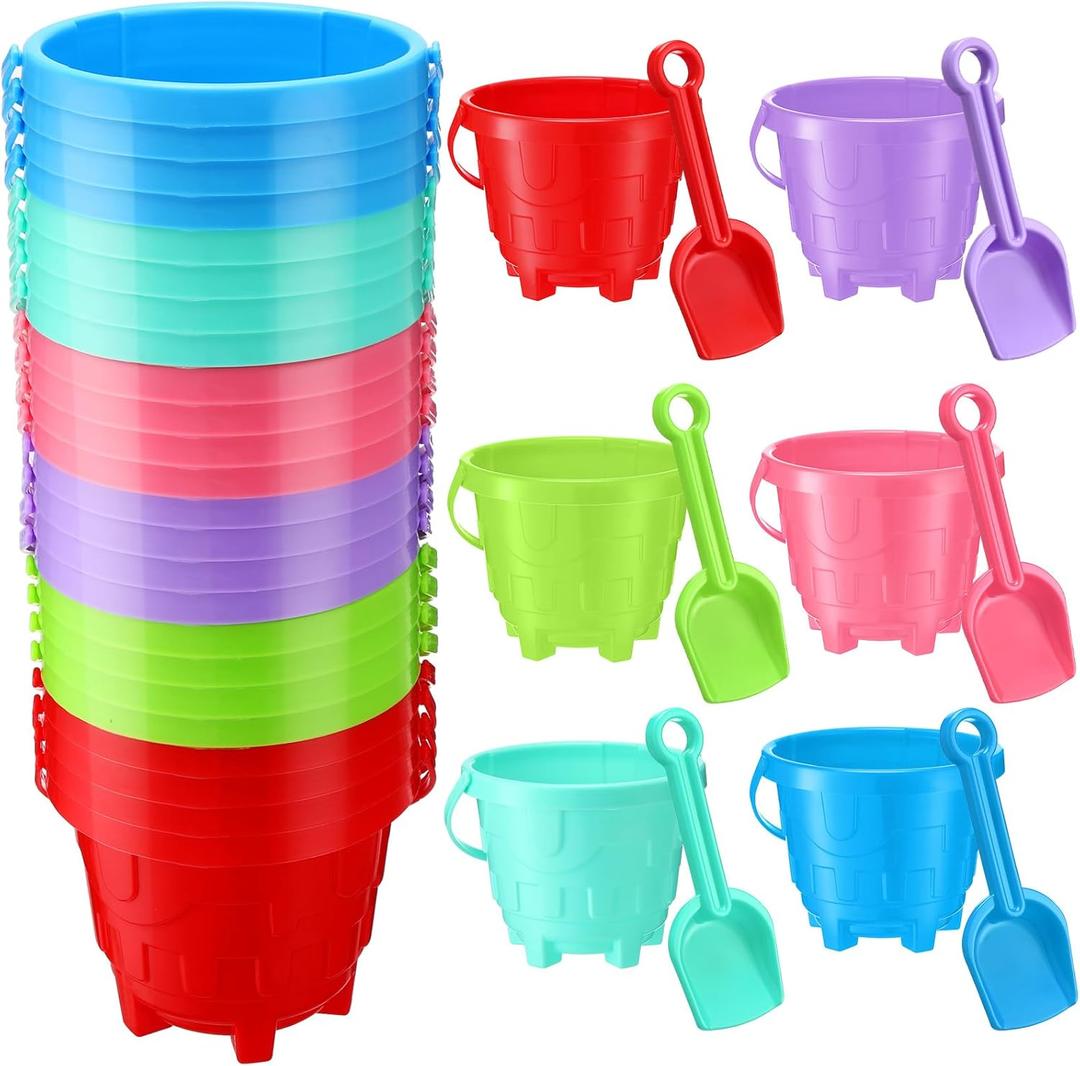 Thyle 24 Pack 5.7'' Sand Buckets Bulk for Kids Plastic Beach Buckets Pail with Shovels Fun Beach Castle Mold Sand Toys for Summer Pool Party Favor Supplies, 6 Assorted Colors