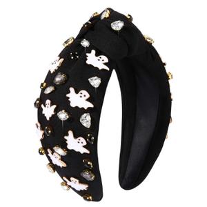 Halloween Headband for Women Spooky Pumpkin Spider Ghost Headband Jeweled Rhinestone Crystal Knotted Headbands Embellished Wide Top Knot Headbands Halloween Hair Accessories Outfits Party Gifts