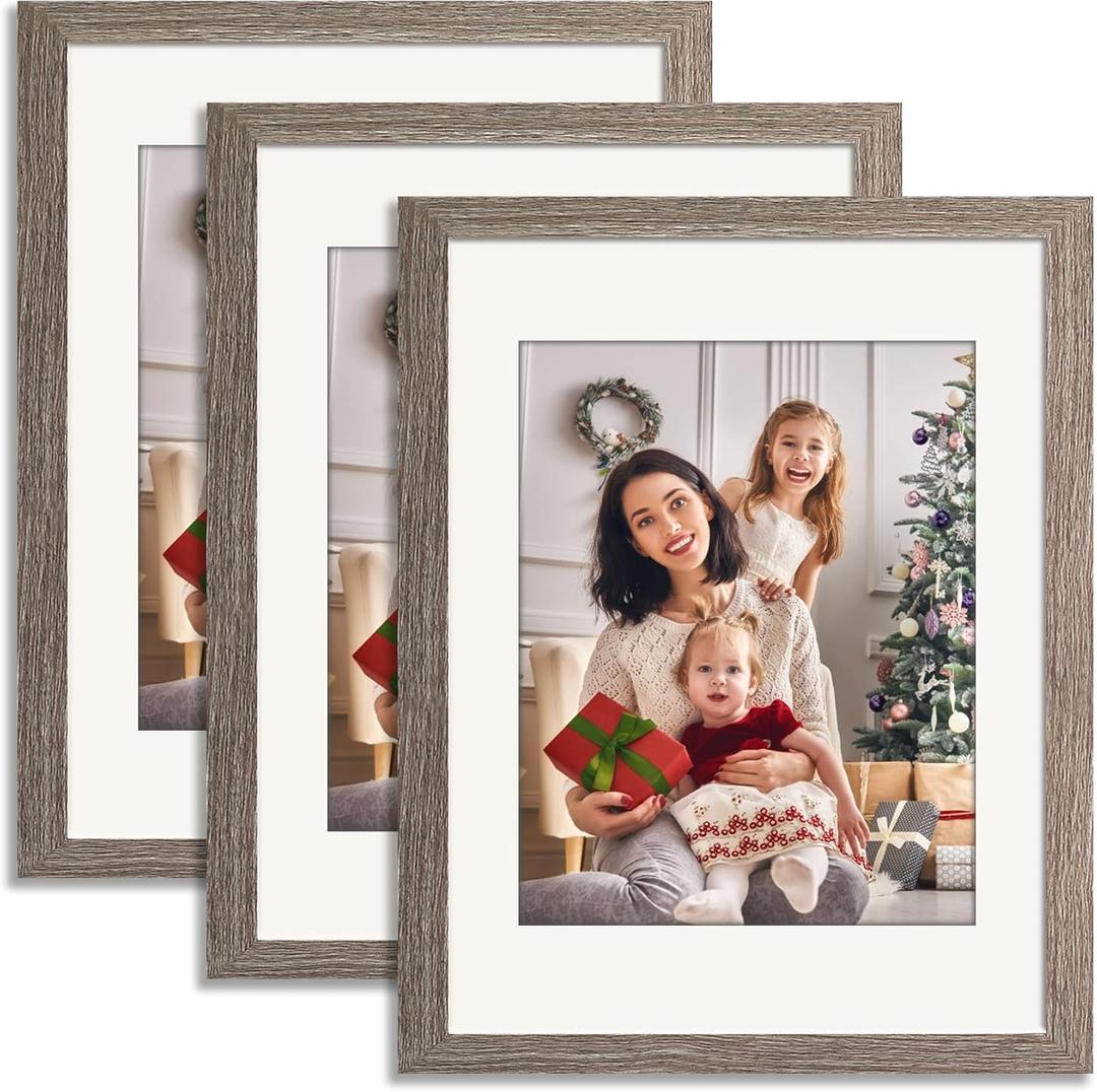 11x14 Picture Frame Set of 3 Gray, Made of Solid Wood 8x10 with Mat or 11x14 Without Mat, Wall Mounting Photo Frames With Plexiglass for Wall or Tabletop Display