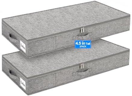 punemi 4.5 Inch Tall Under Bed Storage Containers,Low Profile Underbed Clothes Storage Bin with Sturdy Side & Bottom Support, Use as Clothes Organizer, Pillow and Blanket Organizer, 2 Pack, Grey