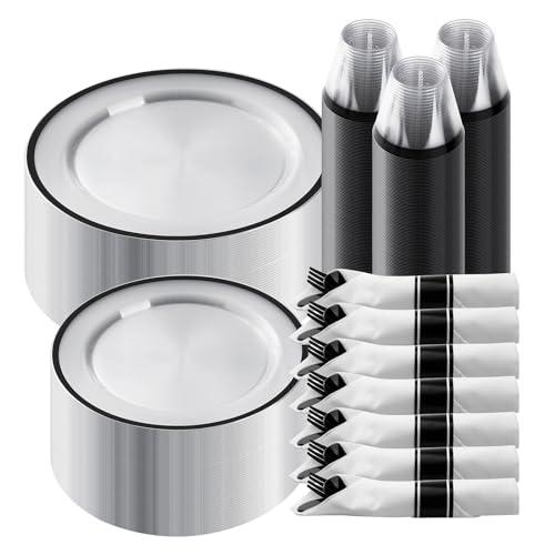 Goodluck 350 Piece Black Plastic Dinnerware Set for Party, Clear Disposable Plates for 50 Guests, Include: 50 Dinner Plastic Plates, 50 Dessert Plates, 50 Pre Rolled Napkins with Cutlery Set, 50 Cups