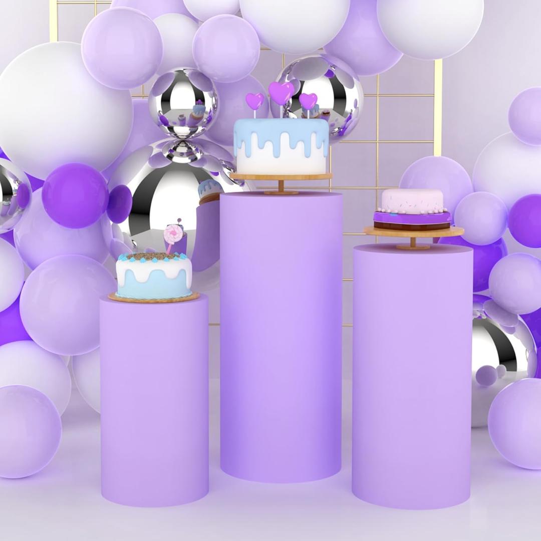 Babenest Purple Cylinder Pedestal Stand Covers Set of 3, Spandex Vintage Fitted Round Pedestal Covers, Elastic Cloth Pillar Plinth Cover for Birthday Wedding Party Reception Decoration(Without Stands)