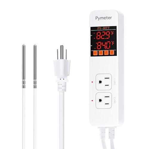 Pymeter Digital Temperature Controller Dual Probe Reptile Thermostat Controlled Outlet for Terrarium Heat Mat Heating Pad, Switch Cooling Fan Freezer Fridge ON & Off at Setpoints 10A 1200W