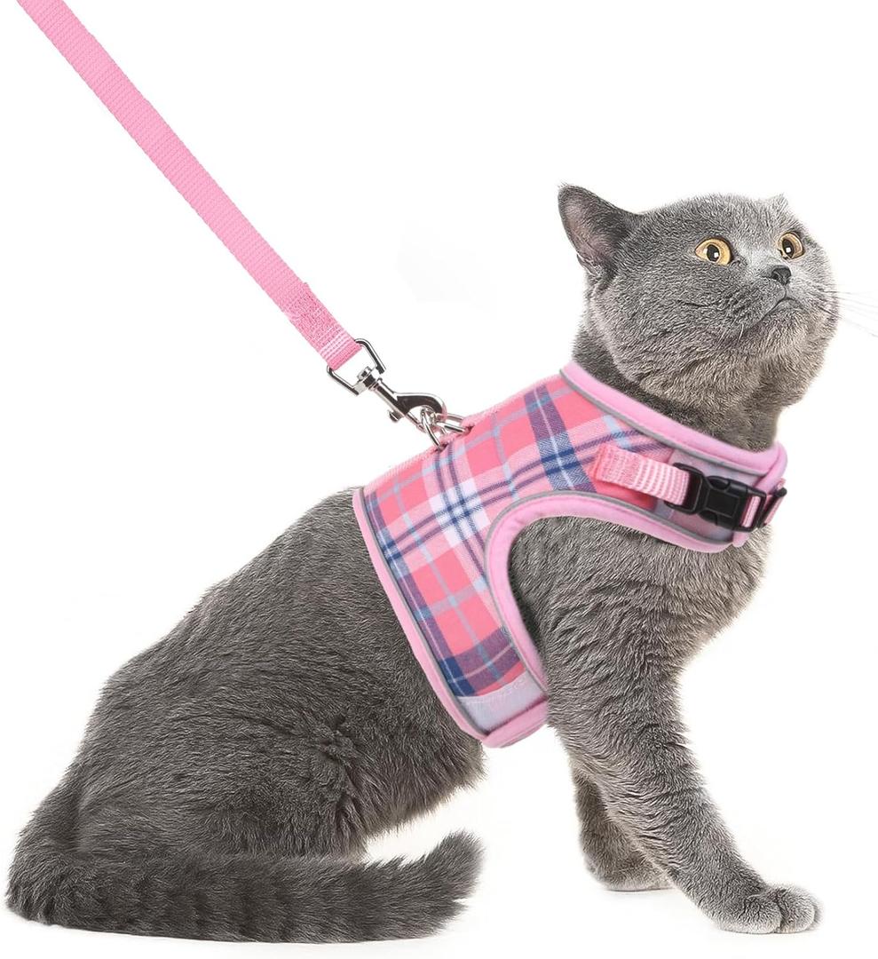 PUPTECK Soft Mesh Cat Vest Harness and Leash Set Puppy Padded Pet Harnesses Escape Proof for Cats Small Dogs Rabbits Bunny, Plaid Pink, L (L(NECK 8.5"-10.5", CHEST 12.5"-15", 6-10 Lbs))