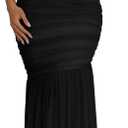 Memoriesea Women's Sexy One Shoulder Mesh Ruched Bodycon Formal Cocktail Maxi Dress (Black)