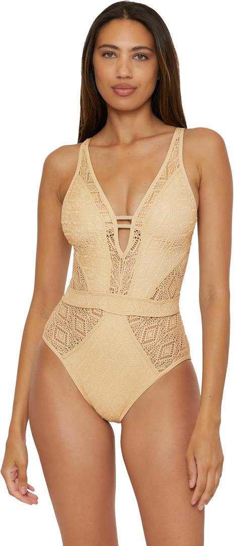 BECCA Color Play One Piece Swimsuit, Plunge Neck, Crochet, Bathing Suits for Women (Medium, Gold)