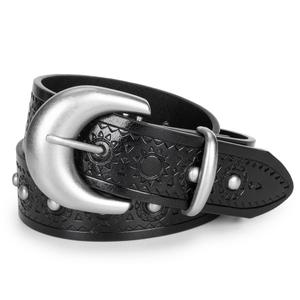 XuoAz Women Leather Belt for Jeans Pants Western Cowboy Cowgirl Belt Embossed Floral Country Belts with Gold Buckle (Black)