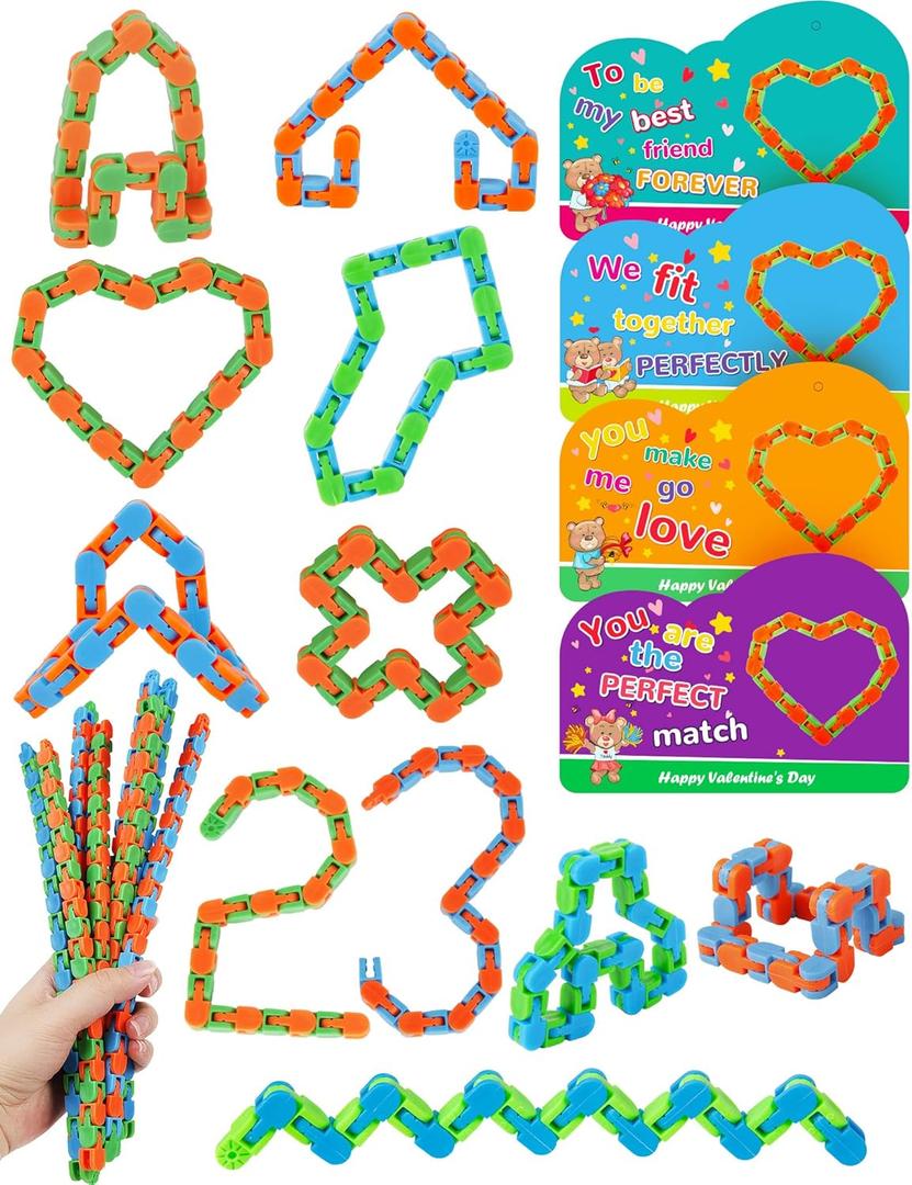 28 Pcs Wacky Tracks Valentines Cards for Kids Classroom, Twist Track Finger Sensory Toys, Snake Puzzles Fidget Toys for Stress Relief, Valentine Classroom Exchange, Boys Girls Valentine Party Favors