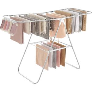 SONGMICS Clothes Drying Rack, with Sock Clips, Metal Laundry Rack, Foldable, Space-Saving, Free-Standing Airer, with 2 Height-Adjustable Gullwings, Indoor Outdoor Use, Silver and White ULLR052W01
