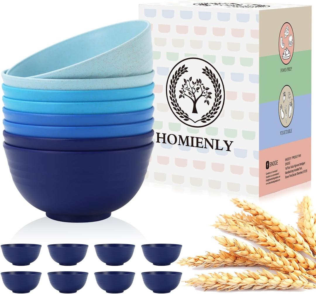 Homienly Wheat Straw Bowls, 8 PCS Microwave Safe Bowl Unbreakable for Salad, Soup, Cereal, Oatmeal, Reusable Plastic Bowls for Kithen, Family, Camping, Party, Dishwasher Safe, 26 OZ (Gradient Blue) (Ocean)