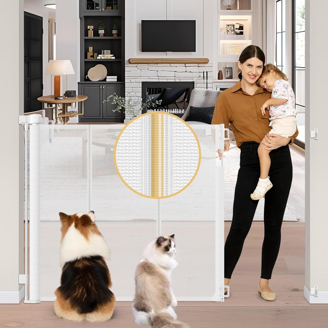 Reinforced 42" Extra Tall Retractable Baby Gates Tall Dog Gate with Support Rods, 55" Wide Mesh Gate Retractable Pet Gate Indoor/Outdoor Baby Gates for Dogs - Bottom Anti-Escape, White