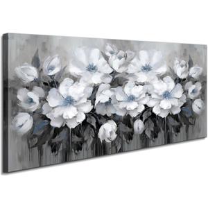 Living Room Wall Art,White and Blue-gray Flower Landscape for Living Room, Bedroom,Office, Canvas Wall Decor, 20x40 inches, B-7