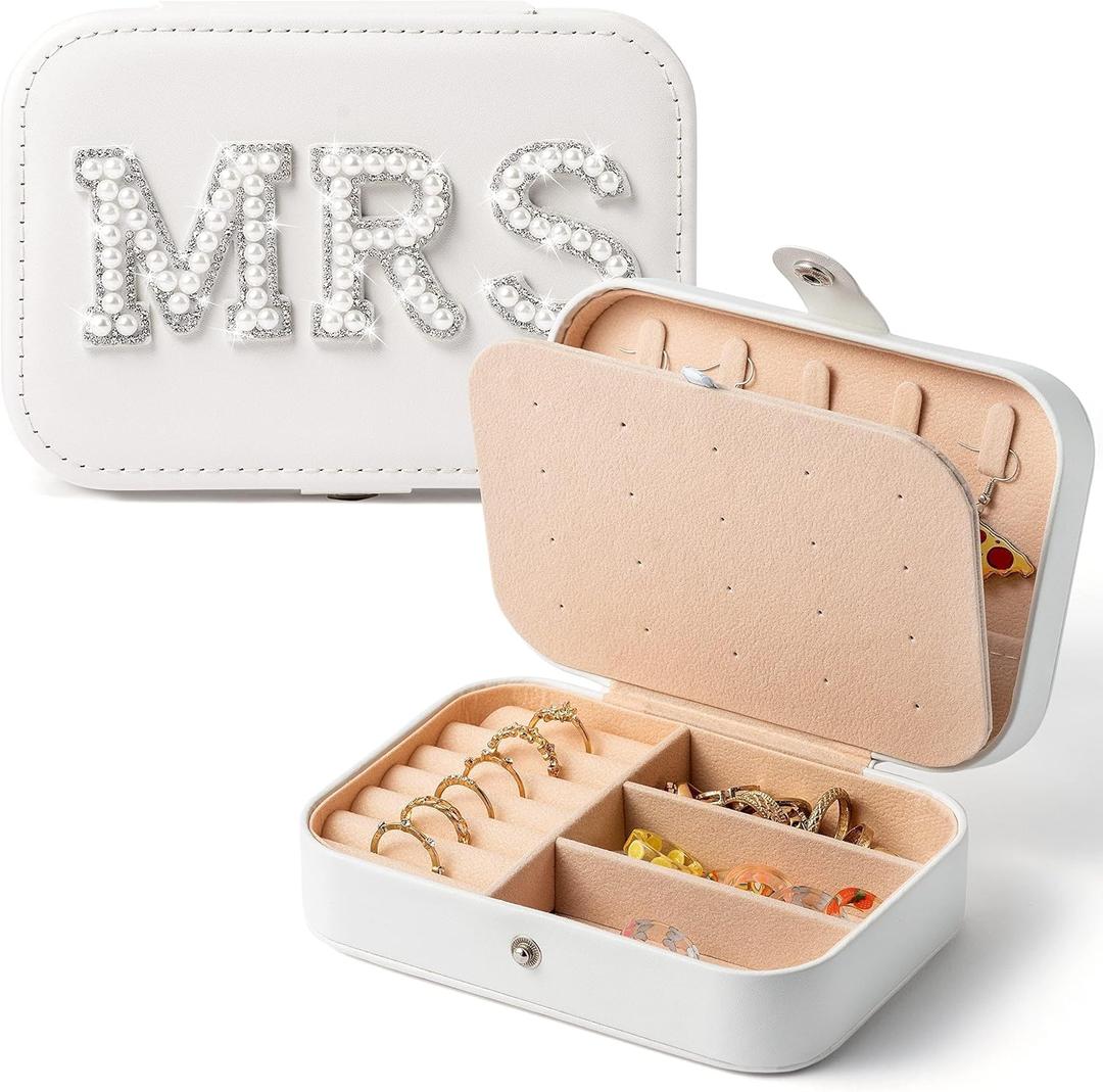 MRS Travel Jewelry Box for Christmas Gift Bride Travel Portable Jewelry Case Small Jewelry Organizer Travel Accessories for Women, Bridal Shower Gift Engagement Present, White