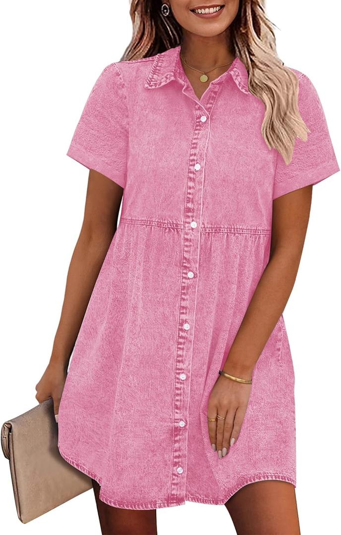 GRAPENT Denim Dress for Women Babydoll Tiered Short Sleeve Button Down Jean Shirt Dresses, Pink, Size 12