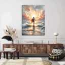Jesus Walking on Water Canvas Wall Art Christian God Wall Decor Sacred God Walking on Ocean Beach Painting Pictures Religious Posters Prints for Living Room Bedroom Church Home Decorations Framed