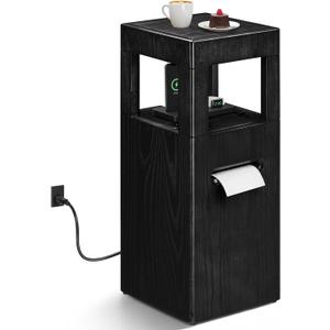 Modern Square End Table with Charging Station for Living Room, 11.5 x 11.5 x 25.6, Mini Accent Side Table for Small Space, Simple Nightstand for Bedroom (Black)