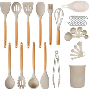 Cooking Utensil Set - Non-Stick Silicone Kitchen Utensil Kit with Wooden Handle, Slotted Spatula, Spoons, Ladle, and Measuring Spoons, Basting Brush, Egg Beater, Tongs. Khaki.