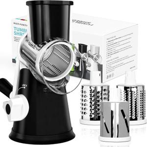 X Home Rotary Cheese Grater for Kitchen, Shredder with 3 Interchangeable Blades, Rotary Grater with Handle and Strong Suction Base, for Vegetables, Fruit, Nuts, Easy to Use and Clean, Black