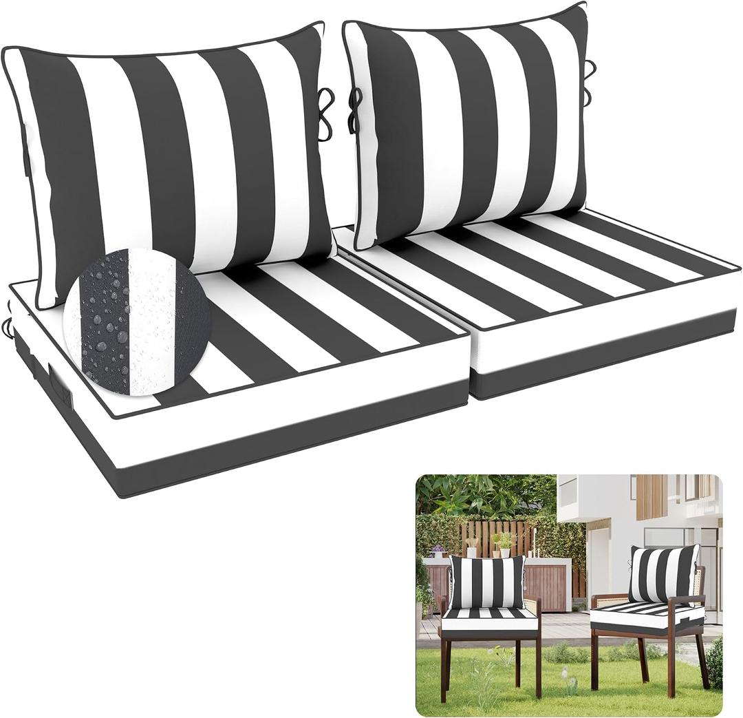 Outdoor Chair Cushion, 24 x 24 Inch Waterproof Deep Seat Patio Cushions Set of 2, Loveseat Cushions for Outdoor Furniture, 4" Thick Patio Furniture Cushion with Handle Straps, Black Stripe