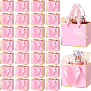 Yeaqee 50 Pcs Mini Metallic Gift Bags with Handles 4x4.75x2.25'' Tiny Thank You Favor Bag with Tag for Women's Day St. Patrick's Wedding Spring Easter Welcome Baby Shower Birthday (Pink,Gold)