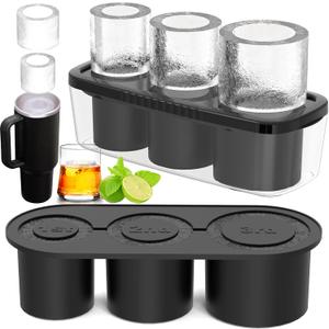 Ice Cube Tray for Tumbler Cup 30Oz-40Oz, 3 Pcs Silicone Cylinder Ice Mold with Lid and Bin for Freezer, Easy Fill and Release Ice Maker for Whiskey, Cocktail BPA-Free (Black)