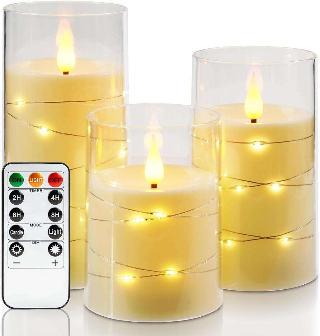 Amagic LED Flameless Candles, Battery Operated Candles with Embedded Fairy Lights, Acrylic Fake Candles with Remote and Timer for Wedding Home Decor, Ivory White, Set of 3, D3 x H4 5" 6"
