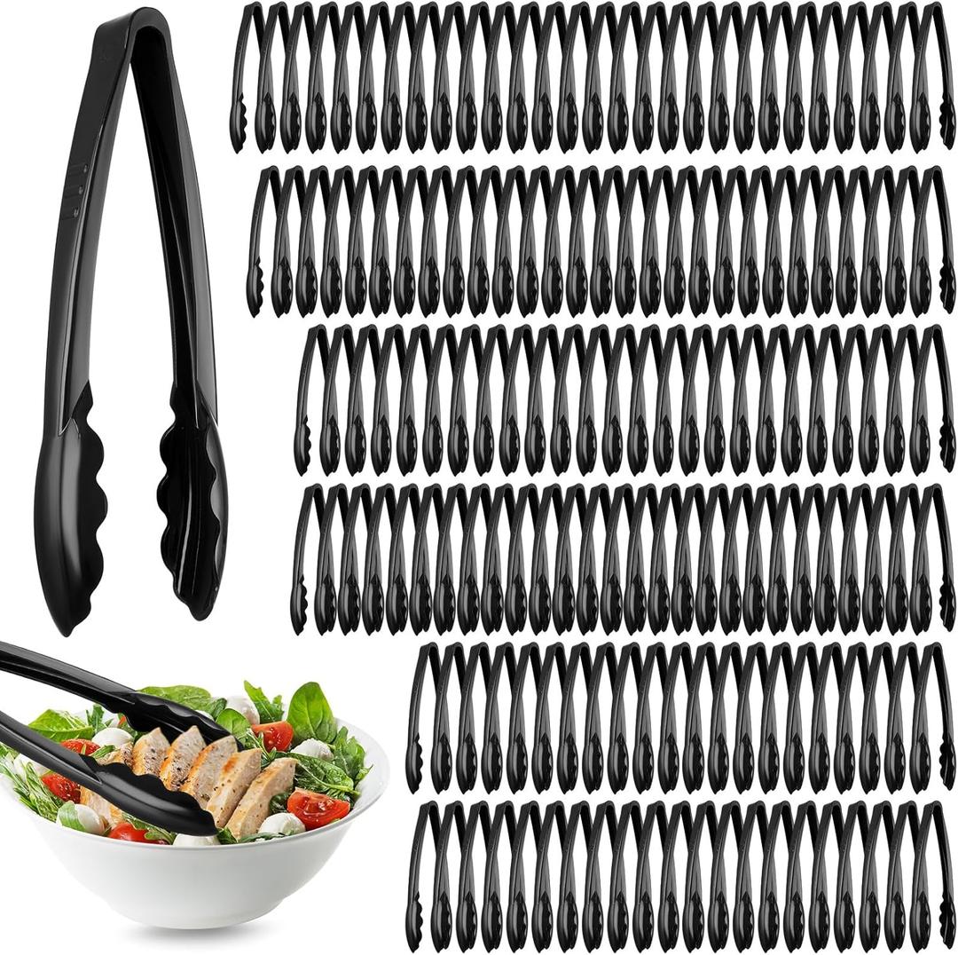 Tessco for you 150 Pcs Plastic Tongs for Serving Bulk, 9 Inch Plastic Disposable Serving Tongs, Heavy Duty Salad Tong for Kitchen, Buffet, BBQ, Events & Catering (Black)