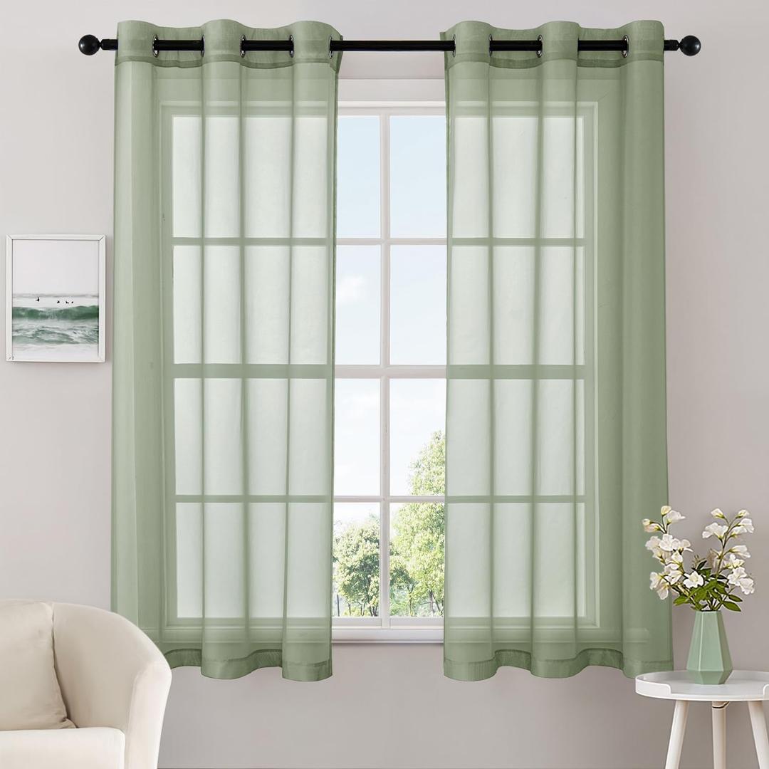 MIULEE Solid Color Sheer Curtains 63 Inches Long 2 Panels Set - Elegant Lightweight Grommet Light Filtering Window Voile Panels/Drapes/Treatment for Bedroom Living Room W42 x L63 Inch, Sage Green