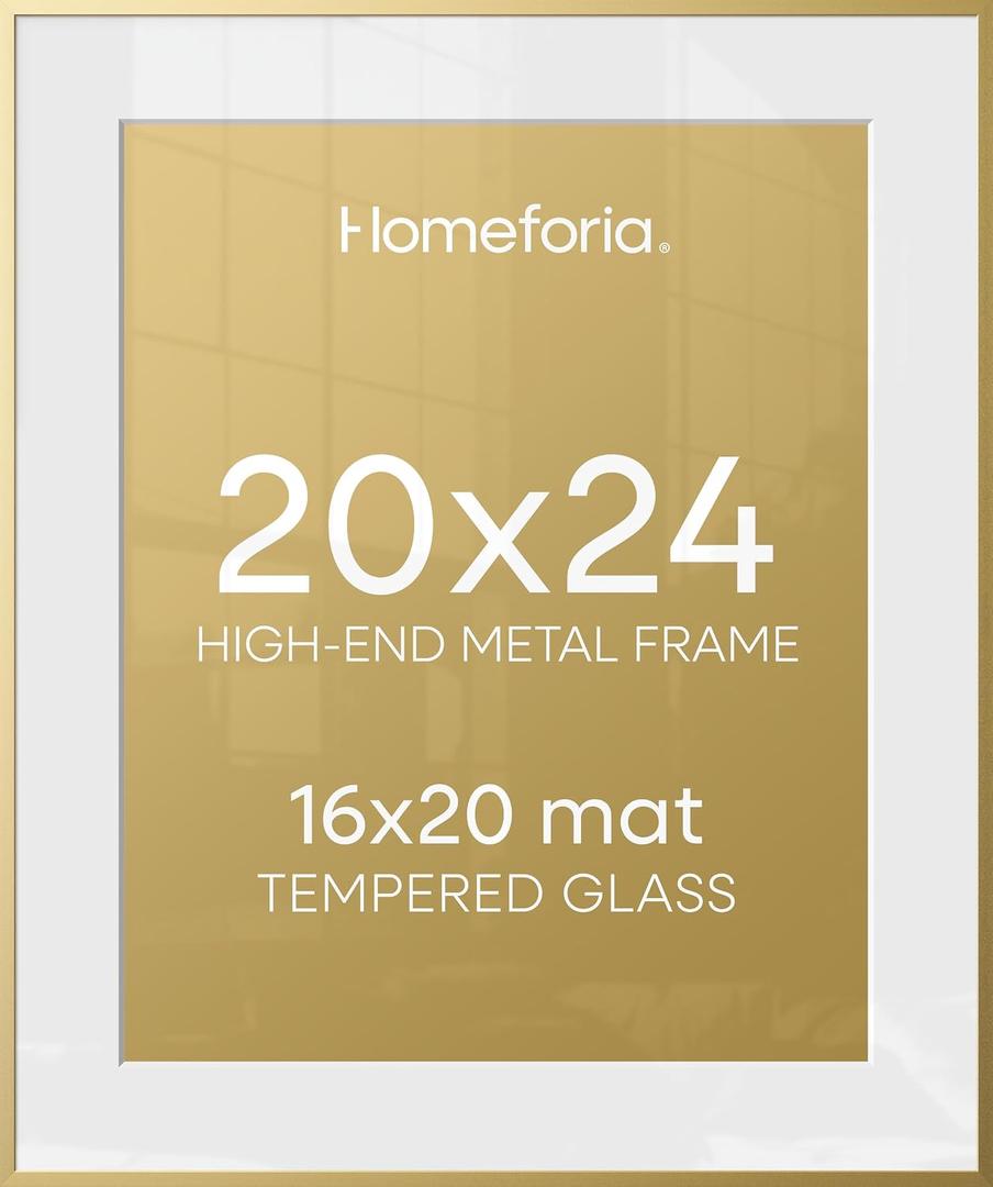 Homeforia 20x24 Picture Frame Gold, High End Metal 24x20 Frames for Wall, 20x24 Gold Frame Matted to 16x20 Print, 20 x 24 Poster Large Frame with Mat 16 by 20 Photo, Tempered Glass, Wall Kit, Set of 1