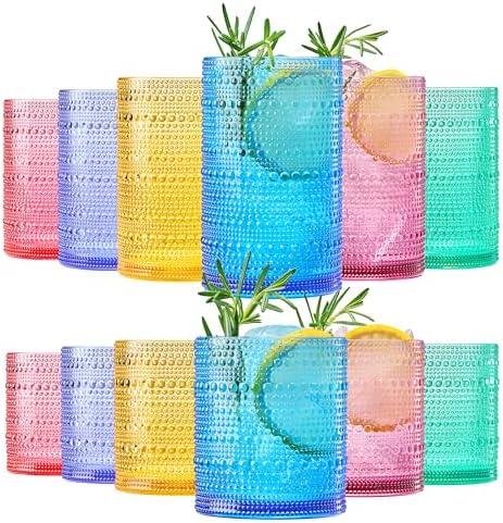 Khen Plastic Hobnail Drinking Glasses Set of 10 Bright Tones Cups 6x 10oz Lowball & 6x 1oz Highball Acrylic Beaded Design, BPA-Free, Dishwasher Safe Indoor/Outdoor Drinkware Water, Juice, Cocktails